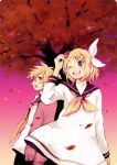  blush brother_and_sister dress hair_ornament hair_ribbon hairclip headphones jacket kagamine_len kagamine_rin kuwahara_souta leaf looking_up necktie open_mouth red_eyes ribbon sailor_dress short_hair siblings skirt smile so_(artist) tree twins vocaloid wind windy wink 