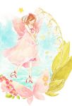 brown_hair butterfly closed_eyes dress fairy flower lily_of_the_valley minigirl pink_dress smile solo star utauinu_(saku) wings 