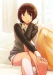  1girl amagami barefoot black_eyes black_hair c: couch feet foreshortening legs short_hair smile soles solo tachibana_miya tamago toes 