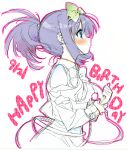  blush bow cuffs green_eyes hair_bow happy_birthday kunihiro_hajime manacles midori_kouichi payot ponytail purple_hair saki sketch 