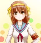  brown_eyes brown_hair hair_ribbon hairband kotaro ribbon school_uniform short_hair suzumiya_haruhi suzumiya_haruhi_no_yuuutsu 