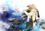  blonde_hair blue_eyes cocoon_(loveririn) fingerless_gloves from_above gloves jacket kagamine_len male short_hair side_ponytail solo synchronicity_(vocaloid) vocaloid water 