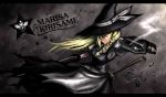  1girl bad_id blonde_hair braid broom character_name dual_wielding gangsta_hold gia gun hair_over_one_eye handgun hat kirisame_marisa long_hair shell_casing smoke smoking_gun solo touhou weapon witch_hat yellow_eyes 