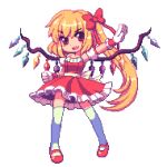  bow dress fang flandre_scarlet gloves hair_bow kou_2008 long_hair lowres mary_janes pixel_art shoes side_ponytail smile thigh-highs thighhighs touhou white_legwear wings zettai_ryouiki 