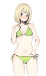  bikini blonde_hair blue_eyes blunt_bangs breasts character_request cleavage navel pepo pepo_(pepopepo) short_hair side-tie_bikini simple_background solo swimsuit 