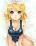  blonde_hair blue_eyes breasts cleavage hair_ribbon kagamine_rin large_breasts one-piece_swimsuit ribbon school_swimsuit senbei_(roof-lock) short_hair solo swimsuit vocaloid 
