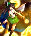  black_wings brown_hair cape energy_ball long_hair outstretched_arm outstretched_hand red_eyes reiuji_utsuho skirt smile third_eye touhou tsuchifumazu weapon wings 
