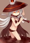  bikini cape hat long_hair orange_eyes original silver_hair solo swimsuit sword wading weapon witch_hat 