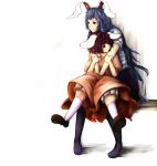  2girls animal_ears bad_id bloomers blue_hair brown_hair bunny_ears comforting dress hug hug_from_behind inaba_tewi jewelry multiple_girls pendant reisen_udongein_inaba sitting sitting_on_lap sitting_on_person touhou yoss_3 