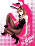  bad_id boots brown_eyes brown_hair bunny bunny_ears bunnysuit extra formal high_heels highres k-on! leg_up legs long_hair long_legs necktie pantyhose pizaya rabbit_ears s_tanly shoes solo thighs twintails wakaouji_ichigo 