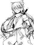  bandage_over_one_eye fujiwara_no_mokou grin highres monochrome sketch smile soubi sword touhou transparent_background weapon 