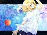  apple arm_up back bad_id blonde_hair blue_eyes food from_behind fruit kagamine_rin looking_back open_mouth out_of_eden_(vocaloid) see-through shirt short_hair skirt solo traditional_media vocaloid white_shirt 