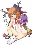  blush bow bow_panties brown_eyes brown_hair chain gourd hair_bow hero_rice highres horns ibuki_suika long_hair navel no_pants offering open_clothes open_shirt panties shirt socks solo touhou underwear 