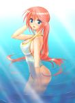  breasts cleavage large_breasts long_hair mugitarou one-piece_swimsuit original ponytail red_hair redhead ripples sideboob solo submerged swimsuit wet 