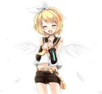  bare_shoulders belt blonde_hair blush closed_eyes detached_sleeves feathers hair_ornament hair_ribbon hairclip headset highres kagamine_rin navel open_mouth ribbon sailor_collar short_hair shorts smile solo vocaloid wings 