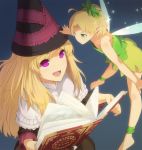  2girls :d ahoge ankle_garter bad_id barefoot blonde_hair book capelet fairy fairy_wings green_eyes grimgrimoire grimoire hat hitoya_(kitani) lillet_blan long_hair magic_circle minigirl multiple_girls open_mouth pentagram pointy_ears purple_eyes smile violet_eyes wings witch_hat wizard_hat 