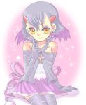  arm_support artist_request bare_shoulders earrings elbow_gloves gloves jewelry lowres miniskirt moemon orange_eyes personification pokemon purple_hair purugly skirt smile solo source_request tail thigh-highs thighhighs zettai_ryouiki 