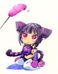  :&lt; animal_ears bare_shoulders black_hair breasts capcom cat_ears cat_gloves cat_paws cat_tail cat_teaser chibi detached_sleeves elbow_gloves gloves han_juri kemonomimi_mode looking_up midriff navel paws red_eyes sideboob simple_background solo street_fighter street_fighter_iv tail tk_(hibatidori) whiskers white_background 