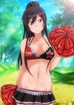  1girl bikini black_hair blush breasts brown_eyes cleavage collarbone forest head_tilt idolmaster idolmaster_shiny_colors large_breasts light_smile long_hair looking_at_viewer microskirt midriff nature navel pom_poms ponytail shirase_sakuya skirt solo swimsuit tanuki_(metaltanuki) 