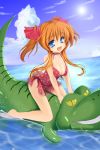  blue_eyes breasts cleavage crocodile feet_in_water highres inflatable_toy long_hair ocean ochimusha one-piece_swimsuit orange_hair original riding soaking_feet solo sun swimsuit twintails water 
