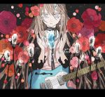  bow brown_hair cable flower grey_eyes guitar instrument jewelry letterboxed long_hair ribbon ring tears 