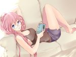  bad_id bare_shoulders barefoot bespectacled blue_eyes book casual couch glasses highres legs long_hair lying megurine_luka no_bra on_back pink_hair reading roku_(hikokeng) shorts sleeveless solo tank_top vocaloid 