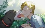  blonde_hair collar den_(fullmetal_alchemist) dog face face_licking fullmetal_alchemist garden licking noako smile sweat 