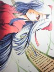  blue_hair japanese_clothes kasugano_tsubaki kimono long_hair mirai_nikki ribbon scroll solo 