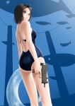  ass black_hair blue_eyes from_below gun highres innertube kirin404 looking_back mac-10 machine_pistol one-piece_swimsuit original realistic school_swimsuit school_uniform see-through short_hair solo submachine_gun swimsuit weapon 