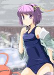  eyeball komeiji_satori nihyakumasuta onsen purple_hair school_swimsuit short_hair snow swimsuit touhou undressing violet_eyes 