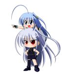  ahoge blue_eyes blue_hair boots chibi fingerless_gloves gloves hands_on_hips huge_ahoge long_hair mahou_shoujo_lyrical_nanoha mahou_shoujo_lyrical_nanoha_a&#039;s mahou_shoujo_lyrical_nanoha_a's mitsuki_(mitsukitei) multiple_girls pointing red_eyes reinforce reinforce_zwei silver_hair simple_background single_thighhigh thigh-highs thighhighs white_background 