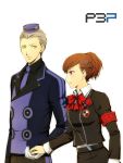  1girl armband bow couple digital_media_player female_protagonist_(persona_3) gloves grey_hair hair_ornament hat headphones hitoha persona persona_3 persona_3_portable red_eyes red_hair redhead school_uniform teodor yellow_eyes 