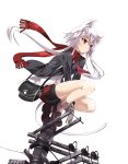  bag bike_shorts blazer cat_ears cat_tail long_hair looking_afar on_top_of_pole original payot red_eyes satchel satomi scarf school_uniform short_hair silver_hair simple_background solo squatting tail white_hair 