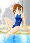  barefoot brown_hair competition_swimsuit feet_in_water one-piece_swimsuit original pool poolside red_eyes short_hair soaking_feet solo submerged swimsuit tk4 twintails water 