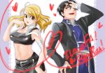  belt black_eyes black_hair blonde_hair breasts brown_eyes cleavage fullmetal_alchemist midriff navel riza_hawkeye roy_mustang takehide 