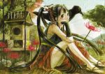  bird black_hair crow flower long_hair original ponytail sandals sarashi sitting solo sword weapon yuhka 