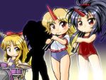  alternate_costume black_hair blonde_hair buruma drum drumsticks electric_wind_instrument horn horns hoshiguma_yuugi ibaraki_kasen ibuki_suika instrument konngara multiple_girls one-piece_swimsuit school_swimsuit silhouette swimsuit touhou winn 