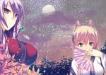  blonde_hair blue_eyes covering_mouth fan feathers flower hair_flower hair_ornament iroha_(unyun) japanese_clothes jewelry kimono leaf moon necklace original purple_eyes purple_hair smile star violet_eyes 