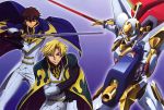  blonde_hair blue_eyes brown_hair cape code_geass gino_weinberg gloves green_eyes highres itagaki_atsushi kururugi_suzaku lancelot mecha newtype scan sword uniform weapon 