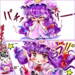  2girls :&lt; anger_vein bat_wings blood chibi cowering crescent crescent_moon demon_tail fallen_down hat head_wings koakuma long_hair lowres multiple_girls nanashii_(soregasisan) o_o patchouli_knowledge purple_eyes purple_hair squatting star tail touhou turn_pale v violet_eyes wings 