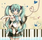  bad_id bare_shoulders blue_eyes bowtie button_eyes elbow_gloves gloves hatsune_miku headphones heart heart_of_string long_hair looking_at_viewer masushita_ito necktie piano_keys skirt stuffed_animal stuffed_bunny stuffed_toy twintails vocaloid 