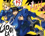  alex_luis_armstrong blonde_hair boots carrying english fullmetal_alchemist princess_carry riza_hawkeye roy_mustang takehide tsurime uniform 