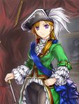  brown_hair cane catherine_the_great civilization civilization_4 cravat curtains feathers hair_ribbon hand_on_hip hat large_breasts long_hair medal military military_uniform painting ponytail purple_eyes ribbon sash solo tomw tricorne uniform violet_eyes 