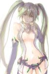  bangs bare_shoulders breasts center_opening detached_sleeves green_eyes green_hair hatsune_miku hatsune_miku_(append) long_hair miku_append navel necktie oekaki pooj solo twintails very_long_hair vocaloid vocaloid_append 