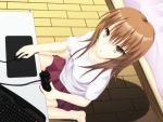  :o brown_eyes brown_hair computer_keyboard controller from_above game_controller highres keyboard large_breasts long_hair looking_up mouse original pleated_skirt shake_(ferit3) skirt solo t-shirt taut_shirt 