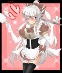  adapted_costume alternate_color alternate_costume apron ascot bangs black_legwear blush border bow breasts corset cup dress_shirt elbow_gloves embarrassed enmaided fujiwara_no_mokou gloves grey hair_bow hair_ribbon head_tilt high_ponytail highres hips large_bow long_hair looking_at_viewer maid miniskirt nose_blush payot pink_background ponytail puffy_sleeves red_eyes ribbon rinnrinn saucer shirt silver_hair skirt solo standing sweatdrop teacup teapot thighhighs thighs touhou tray very_long_hair waitress white_gloves zettai_ryouiki 