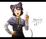  bad_id capelet grey_hair hand_on_hip index_finger_raised jewelry kurione_(pixiv) kurione_(zassou) letterboxed looking_at_viewer mouse_ears mouse_tail nazrin pendant pointing red_eyes short_hair simple_background solo tail touhou wink 