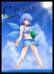  bare_shoulders bikini blue_eyes blue_hair bow breasts character_name cirno cleavage food fruit hair_bow holding holding_fruit kou512a nature navel ocean short_hair solo swimsuit touhou wading water watermelon wings wristband 