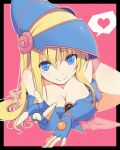  bare_shoulders blonde_hair blue_eyes breasts cleavage dark_magician_girl fingerless_gloves gloves hat heart hexagram highres hotto_kan long_hair smile solo speech_bubble spoken_heart witch_hat wizard_hat yuu-gi-ou yuu-gi-ou_duel_monsters 
