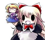  alice_margatroid blonde_hair blush blush_stickers bow capelet doll hairband multiple_girls o_o open_mouth role_reversal shanghai shanghai_doll simple_background touhou yume_shokunin 